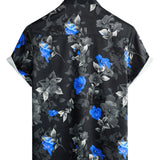 Men's Summer Blue Cotton Shirt with Flowers, Short Sleeve with Buttons for Beach Holidays