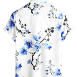 Summer Cotton Short Sleeve Shirt in Blue Floral Pattern for Men