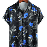 Men's Summer Blue Cotton Shirt with Flowers, Short Sleeve with Buttons for Beach Holidays
