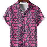 Men's Cotton Summer Shirt with Pink Skull and Daisy Pattern, Short Sleeves and Buttons for Vacation