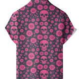 Men's Cotton Summer Shirt with Pink Skull and Daisy Pattern, Short Sleeves and Buttons for Vacation