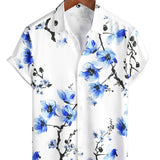 Summer Cotton Short Sleeve Shirt in Blue Floral Pattern for Men