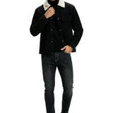 Men's Velvet Jacket with Sherpa Collar and Snaps - Black