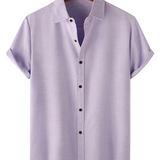 Men's Casual Shirt Made of Silk Cotton in Solid Color with Buttons and Short Sleeves, Breathable