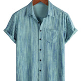 Men's Short Sleeve Cotton Shirt with Pocket in Black Stripes, Breathable