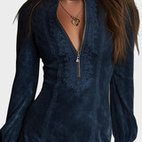 Jasmine – Blue Suede Mini Dress with Lace