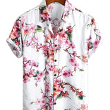 Short Sleeve Cotton Shirt with Floral Pattern for Men