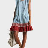 Amaya - Light Blue Sleeveless Tunic with Red Trim and Ruffled Bottom