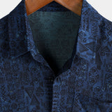 Men's Short Sleeve Cotton Boho Shirt in Navy with Tribal Geometric Pattern
