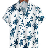 Men's Blue Cotton Shirt with Flowers for Summer with Buttons and Short Sleeves