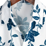 Men's Blue Cotton Shirt with Flowers for Summer with Buttons and Short Sleeves