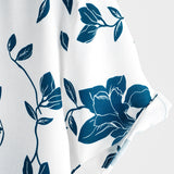 Men's Blue Cotton Shirt with Flowers for Summer with Buttons and Short Sleeves