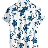 Men's Blue Cotton Shirt with Flowers for Summer with Buttons and Short Sleeves