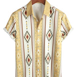 Men's Vintage Short Sleeve Striped Shirt in Retro 70s Style with Aztec Pattern