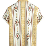 Men's Vintage Short Sleeve Striped Shirt in Retro 70s Style with Aztec Pattern