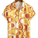 Retro Summer Men's Cotton Shirt, Buttons, Orange Vintage, Geometric, Disco, Beach, Cool, Short Sleeve