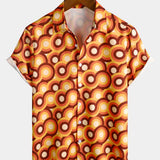 Men's Orange Cotton Retro 70s Style Shirt with Button, Vintage, Geometric, Round, Summer, Short Sleeve