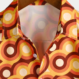 Men's Orange Cotton Retro 70s Style Shirt with Button, Vintage, Geometric, Round, Summer, Short Sleeve