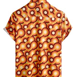 Men's Orange Cotton Retro 70s Style Shirt with Button, Vintage, Geometric, Round, Summer, Short Sleeve