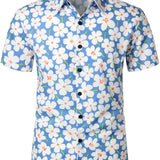 Summer Men's Cotton Shirt in Floral Print, Casual, Pencil Fit, Short Sleeve, Light Blue