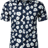 Men's Short Sleeve Cotton Hawaiian Shirt in Navy Color with Daisies