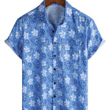 Cotton Shirt in Tropical Floral Pattern for Men with Short Sleeves