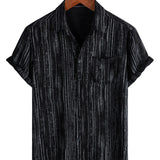 Men's Short Sleeve Cotton Shirt with Pocket in Black Stripes, Breathable