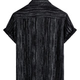 Men's Short Sleeve Cotton Shirt with Pocket in Black Stripes, Breathable