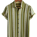 Retro Cotton Button-Up Shirt for Men with 70s Aztec Pattern in Green Stripes and Short Sleeves