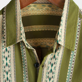 Retro Cotton Button-Up Shirt for Men with 70s Aztec Pattern in Green Stripes and Short Sleeves