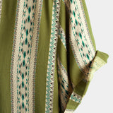 Retro Cotton Button-Up Shirt for Men with 70s Aztec Pattern in Green Stripes and Short Sleeves