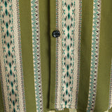 Retro Cotton Button-Up Shirt for Men with 70s Aztec Pattern in Green Stripes and Short Sleeves
