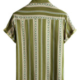 Retro Cotton Button-Up Shirt for Men with 70s Aztec Pattern in Green Stripes and Short Sleeves