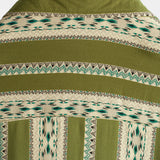 Retro Cotton Button-Up Shirt for Men with 70s Aztec Pattern in Green Stripes and Short Sleeves