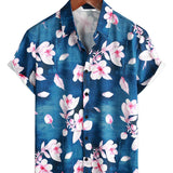 Casual Short Sleeve Floral Pattern Shirt for Men, Buttons, Lapel Collar, Navy Blue, Summer