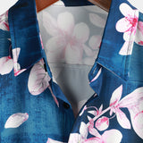 Casual Short Sleeve Floral Pattern Shirt for Men, Buttons, Lapel Collar, Navy Blue, Summer