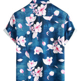 Casual Short Sleeve Floral Pattern Shirt for Men, Buttons, Lapel Collar, Navy Blue, Summer