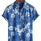 Men's Short Sleeve Cotton Hawaiian Shirt with Blue Floral Pattern