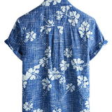 Men's Short Sleeve Cotton Hawaiian Shirt with Blue Floral Pattern