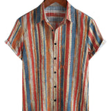 Men's Casual Retro Cotton Shirt in Colorful Stripes with Short Sleeves