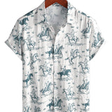 Men's Cotton Shirt with Horse Pattern, Buttoned, Short Sleeve for Summer
