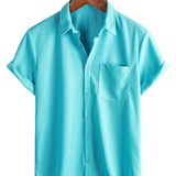 Summer Cotton Short Sleeve Button-Up Shirt for Men, Casual Style, Loose Fit, Beach