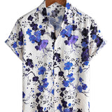 Men's Cotton Retro Blue Floral Shirt for Summer with Short Sleeves