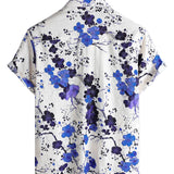 Men's Cotton Retro Blue Floral Shirt for Summer with Short Sleeves