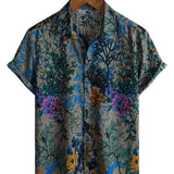Men's Short Sleeve Cotton Retro Floral Pattern Shirt, Breathable