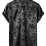 Men's Short Sleeve Satin Cotton Shirt in Floral Pattern Casual