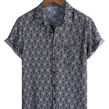 Short Sleeve Cotton Shirt with Pocket in Retro Geometric Pattern for Men