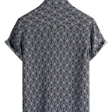 Short Sleeve Cotton Shirt with Pocket in Retro Geometric Pattern for Men