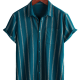 Summer Men's Vintage Striped Cotton Hawaiian Shirt with Chest Buttons