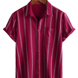 Summer Men's Vintage Striped Cotton Hawaiian Shirt with Chest Buttons